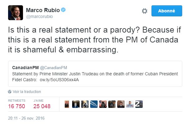 Traduction: Est-ce que ceci est un véritable communiqué ou une parodie? Parce que si c'est un véritable communiqué du premier ministre du Canada, c'est honteux et gênant.