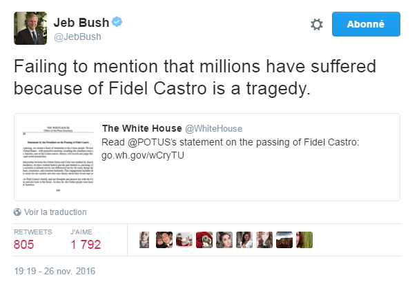 Traduction: Ne pas mentionner les millions de personnes qui ont souffert à cause de Fidel Castro est une tragédie.