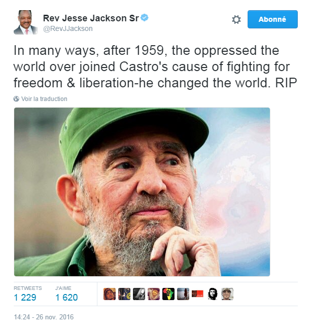 Traduction: De plusieurs manières, après 1959, les opprimés du monde ont rejoint la cause de Castro pour lutter pour la liberté & la libération. Il a changé le monde. Qu'il repose en paix.