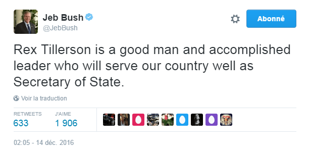 Traduction: Rex Tillerson est un homme bien et un leader accompli qui servira bien notre pays en tant que Secrétaire d'Etat.