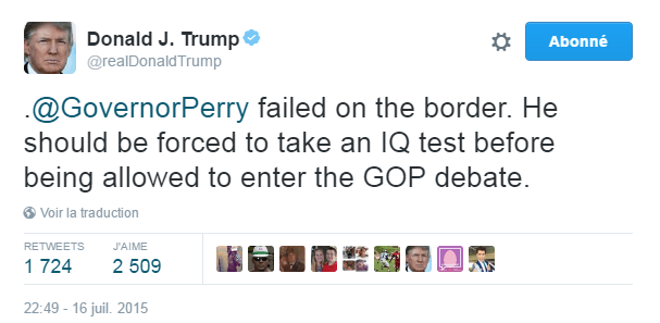 Traduction: Le gouverneur Perry a échoué à la frontière. On devrait l'obliger à passer un test de QI avant de l'autoriser à participer au débat.