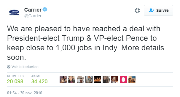 Traduction: Nous sommes heureux d'avoir trouvé un accord avec le président élu Trump & le vice-président élu Pence pour conserver près de 1,000 emplois à Indianapolis. Plus de détails à venir.