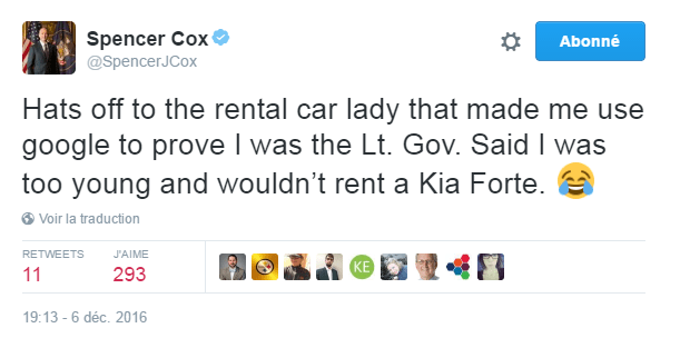 Traduction: Chapeau à la dame de la location de voiture qui m'a fait utiliser Google pour prouver que j'étais bien le lieutenant-gouverneur. Elle disait que j'étais trop jeune et que je ne louerais pas une Kia Forte.