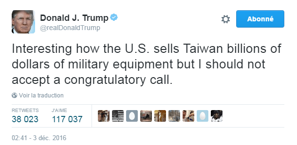 Traduction: Intéressant que les Etats-Unis vendent à Taïwan des milliards de dollars en équipement militaire mais je ne devrais pas accepter de recevoir un coup de téléphone de félicitations.