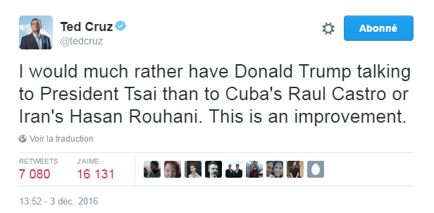Traduction: Je préfère que Donald Trump parle avec la présidente Tsai qu'avec le président cubain Raul Castro ou le président iranien Hasan Rouhani. C'est un progrès.