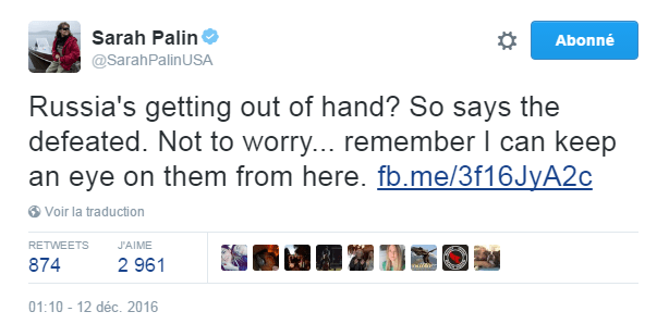 Traduction: La Russie devient incontrôlable? C'est ce que disent les vaincus. Pas d'inquiétude... souvenez-vous que je peux garder un œil sur eux d'ici.