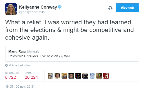 Traduction: Quel soulagement. J'avais peur qu'ils n'apprennent quelque chose des élections & qu'ils puissent être à nouveau compétitifs et cohésifs.