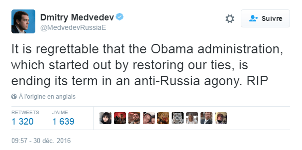 Traduction: Il est regrettable que l'administration Obama, qui avait commencé par restaurer nos liens, finisse son mandat dans une agonie anti-Russie. RIP