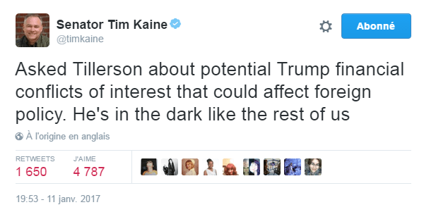 Traduction: J'ai interrogé Tillerson au sujet des potentiels conflits d'intérêts financiers de Trump qui pourraient affecter sa politique étrangère. Il n'en sait pas plus que nous.