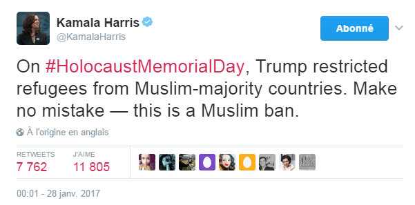 Traduction: Le jour de la journée internationale de l'Holocauste, Trump a interdit les réfugiés de pays à majorité musulmane. Ne vous méprenez pas - il s'agit d'un Muslim ban.