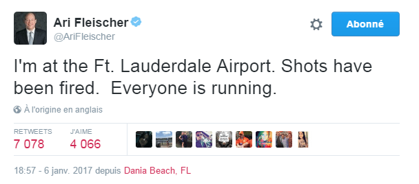 Traduction: Je suis à l'aéroport de Ft. Lauderdale. Des coups de feu ont été tirés. Tout le monde est en train de courir. 