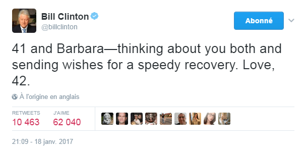 Traduction: 41 et Barbara - je pense à vous deux et je vous envoie mes voeux pour un rétablissement rapide. Love, 42