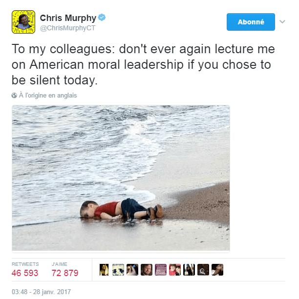 Traduction: À mes collègues: ne me donnez plus jamais de leçons sur le leadership moral américain si vous choisissez de vous taire aujourd'hui.