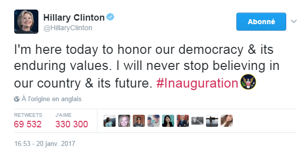 Traduction: Je suis ici aujourd'hui pour faire honneur à notre démocratie & à ses valeurs durables. Je ne cesserai jamais de croire en notre pays & son futur. 