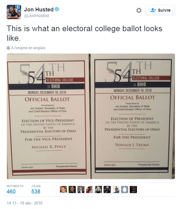 Traduction: Voici à quoi ressemble un bulletin de vote du Collège Électoral.