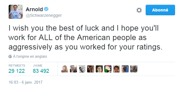 Traduction: Je te souhaite bonne chance et j'espère que tu travailleras pour TOUS les américains de façon aussi aggressive que tu ne l'as fait pour tes audiences.