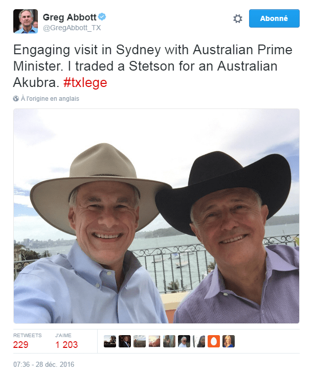 Traduction: Rencontre intéressante à Sydney avec le premier ministre australien. J'ai échangé un Stetson contre un Akubra australien.