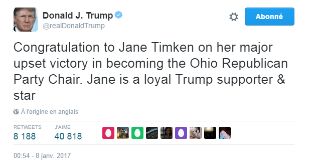 Traduction: Félicitations à Jane Timken pour sa victoire pour devenir présidente du Parti Républicain de l'Ohio. Jane est une fidèle supportrice de Trump & une star.