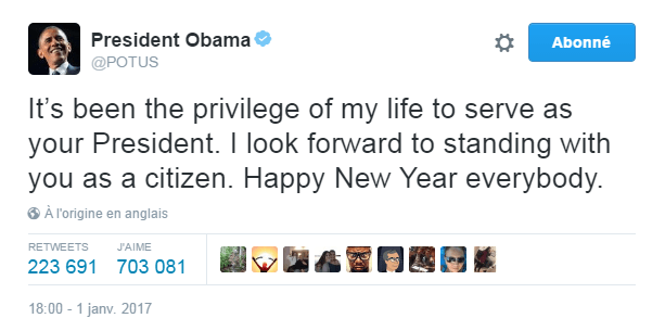 Traduction: Ce fut le privilège de ma vie d'être votre Président. Je suis impatient d'être à vos côtés en tant que simple citoyen. Bonne année à tous.
