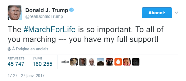 Traduction: La March for Life est tellement importante. À tous ceux qui y participent - vous avez tout mon soutien!