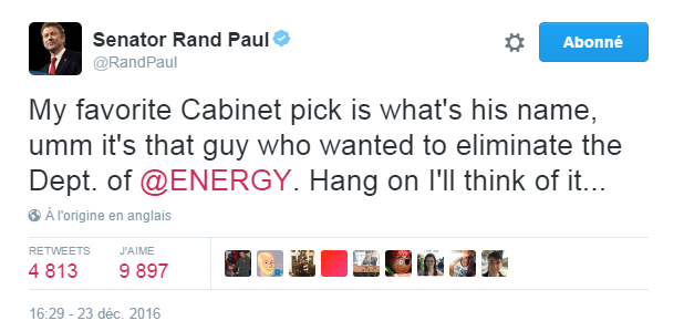 Traduction: Mon choix favori pour le Cabinet est quel est son nom, umm c'est ce type qui voulait éliminer le Département de l'Energie. Attendez un instant, je vais y réfléchir...
