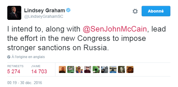 Traduction: J'ai l'intention, avec John McCain, de mener le combat au sein du nouveau Congrès pour imposer des sanctions plus fortes contre la Russie.