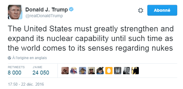 Traduction: Les Etats-Unis doivent considérablement renforcer et étendre leurs capacités nucléaires jusqu'à ce que le monde retrouve la raison en ce qui concerne les bombes nucléaires.