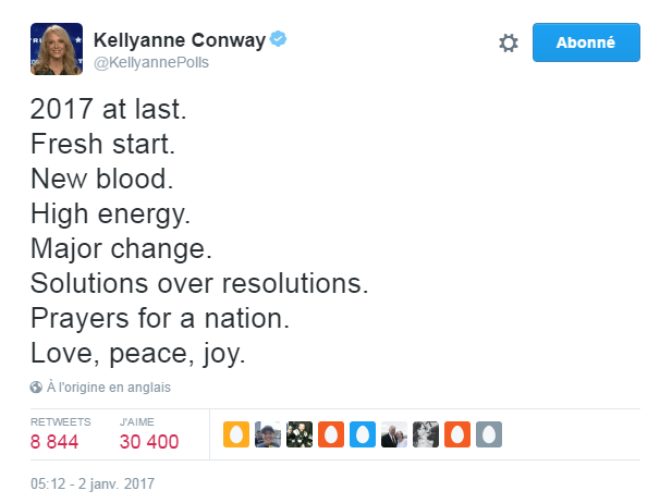 Traduction: Enfin 2017. Un nouveau départ. Du sang neuf. Beaucoup d'énergie. Un changement considérable. Des solutions plutôt que des résolutions. Des prières pour la nation. L'amour, la paix, la joie. 
