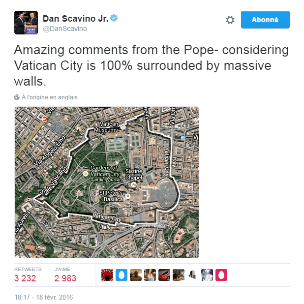 Traduction: Remarques incroyables du Pape - étant donné que la cité du Vatican est à 100% entourée d'énormes murs.
