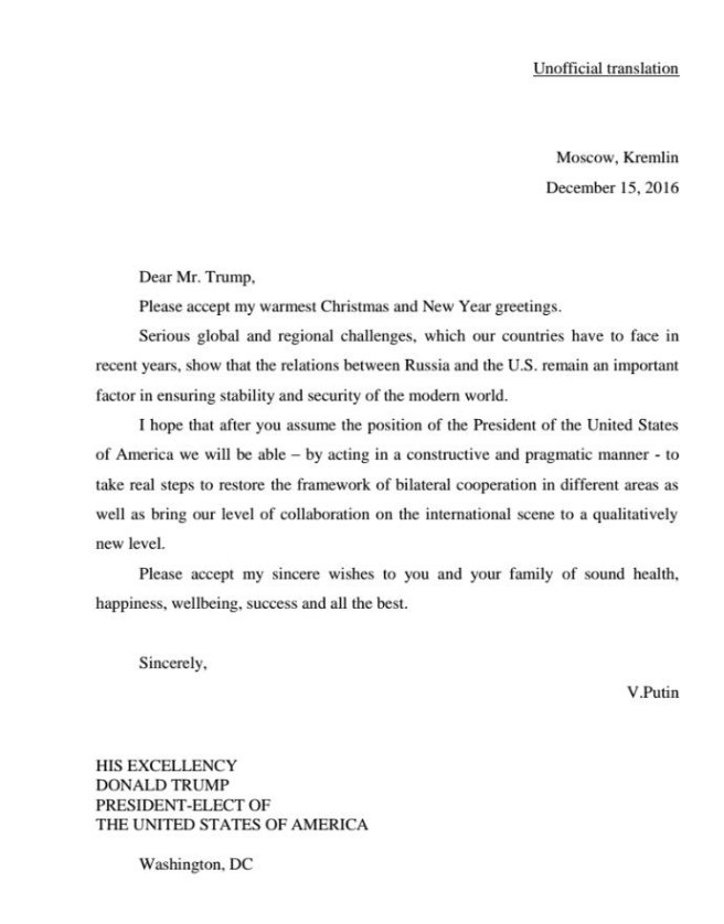 La lettre de Vladimir Poutine à Donald Trump