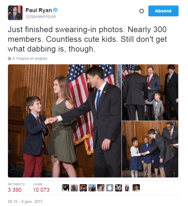 Traduction: Je viens de finir les photos des prestations de serment. Presque 300 personnes. De très nombreux enfants adorables. Toutefois, je ne comprends toujours pas ce qu'est le dabbing. 