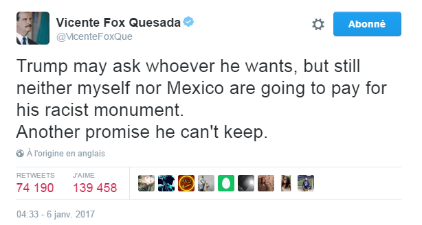 Traduction: Trump peut demander à qui il veut, mais ni moi ni le Mexique n'allons payer pour son monument raciste. Une autre promesse qu'il ne pourra pas tenir.