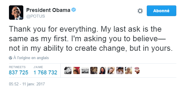 Traduction: Merci pour tout. Ma dernière demande est la même que ma première. Je vous demande de croire - non en ma capacité à créer le changement, mais à la vôtre.
