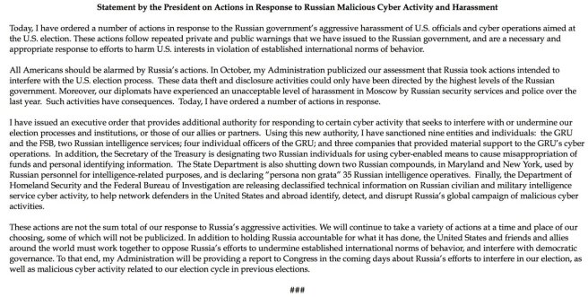Communiqué de la Maison Blanche au sujet des sanctions contre la Russie, 29 décembre 2016