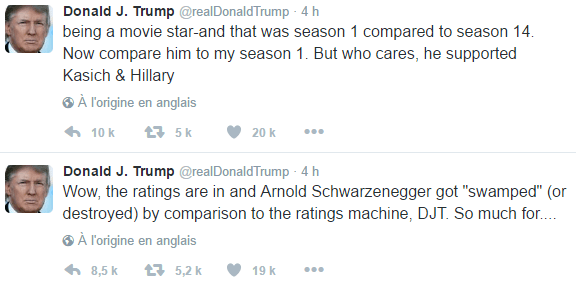 Traduction: Wow, les audiences sont connues et Arnold Schwarzenegger a été "submergé" (ou détruit) en comparaison à la machine à audience, DJT (ndlr: Donald J. Trump). Et dire que c'est une star de cinéma - et c'était la saison 1 comparée à la saison 14. Maintenant comparez-le à ma saison 1. Mais qui s'en soucie, il a soutenu Kasich & Hillary.