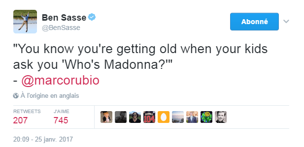 Traduction: "Tu sais que tu deviens vieux quand tes enfants te demandent qui est Madonna" - Marco Rubio
