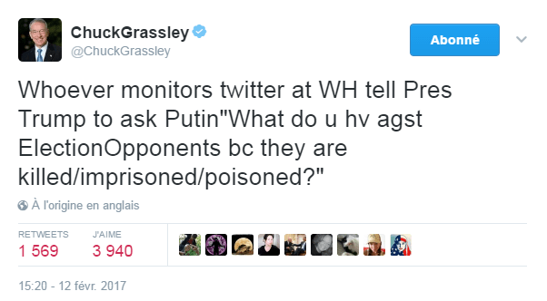 Traduction: À quiconque surveille Twitter à la Maison Blanche, dites au président Trump de demander à Poutine "Qu'avez-vous contre vos opposants aux élections parce qu'ils sont tués/emprisonnés/empoisonnés?"