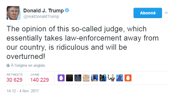 Traduction: L'opinion de ce soi-disant juge, qui met à mal l'application de la loi dans notre pays, est ridicule et sera annulée!