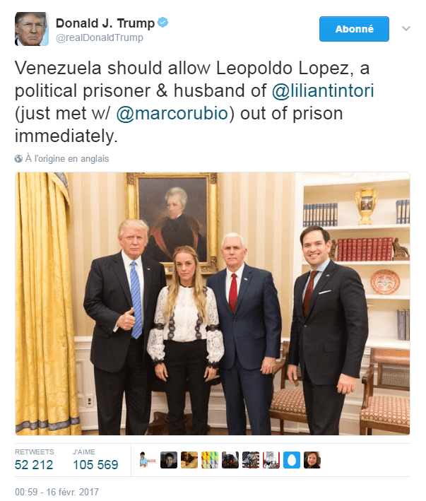 Traduction: Le Venezuela devrait autoriser Leopoldo Lopez, un prisonnier politique et le mari de Lilian Tintori (nous venons de rencontrer Marco Rubio) à sortir immédiatement de prison. 