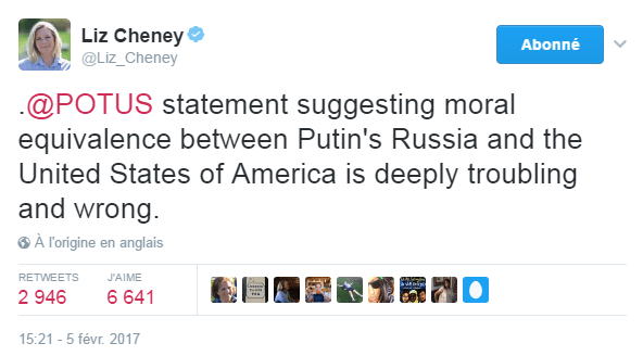 Traduction: La déclaration du président suggérant une équivalence morale entre la Russie de Poutine et les Etats-Unis d'Amérique est profondément inquiétante et injuste.