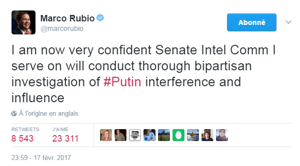 Traduction: Je suis maintenant convaincu que le comité du renseignement du Sénat dont je fais partie va mener une enquête bipartisane minutieuse sur l'interférence et l'influence de Poutine