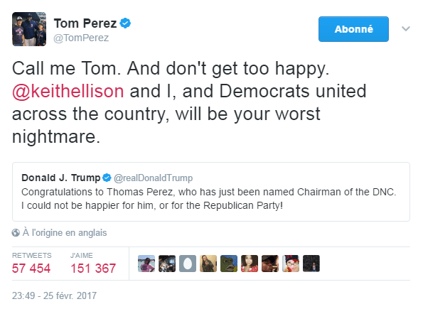 Traduction: Appelle-moi Tom. Et ne sois pas si heureux. Keith Ellison et moi, et les Démocrates unis à travers le pays, nous serons ton pire cauchemar.