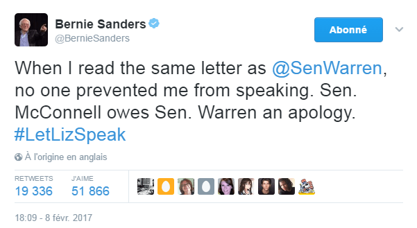 Traduction: Lorsque j'ai lu la même lettre qu'Elizabeth Warren, personne ne m'a empêché de parler. Le sénateur McConnell doit des excuses à la sénatrice Warren.